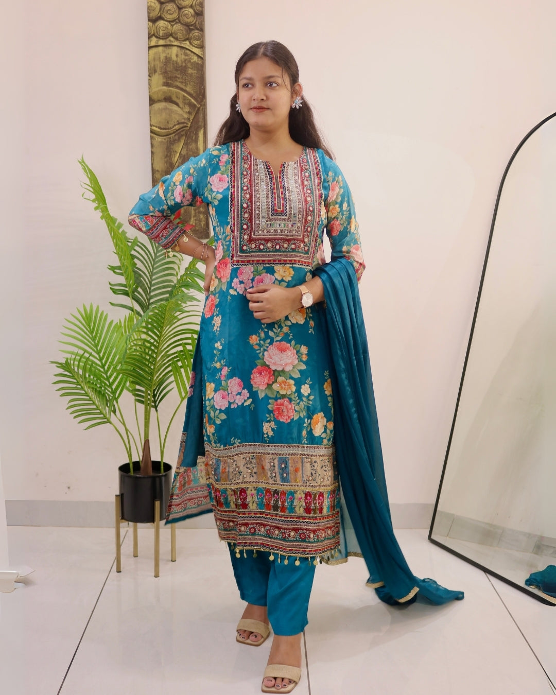 Teal Floral Digital Print Kurta Set with Dupatta
