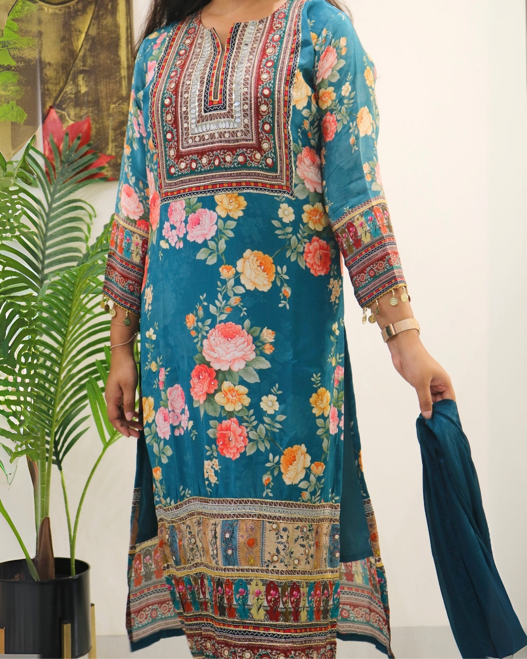 Teal Floral Digital Print Kurta Set with Dupatta