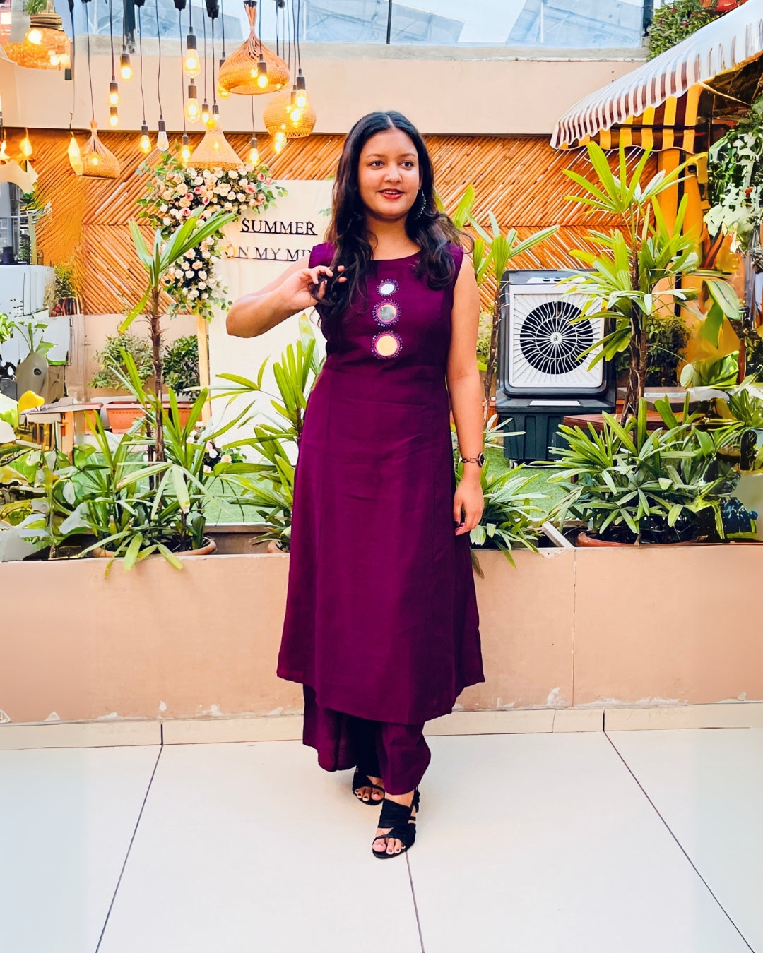 Plum Mirror Work Co-ord Set with Pockets